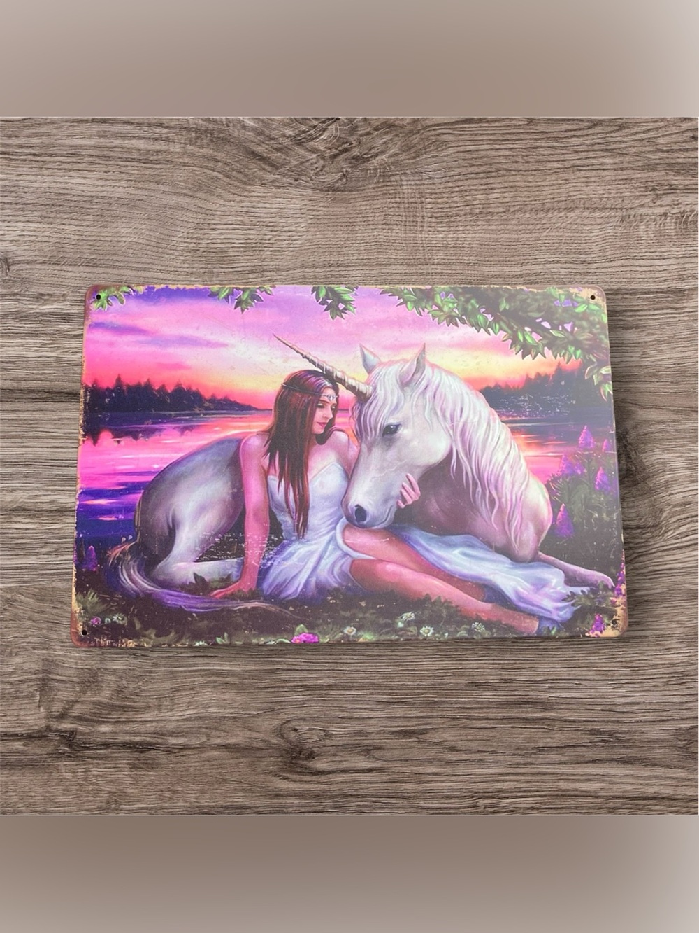 NEW Fantasy Unicorn & Maiden Art Metal Tin Sign She Shed Man Cave Decor Whimsy